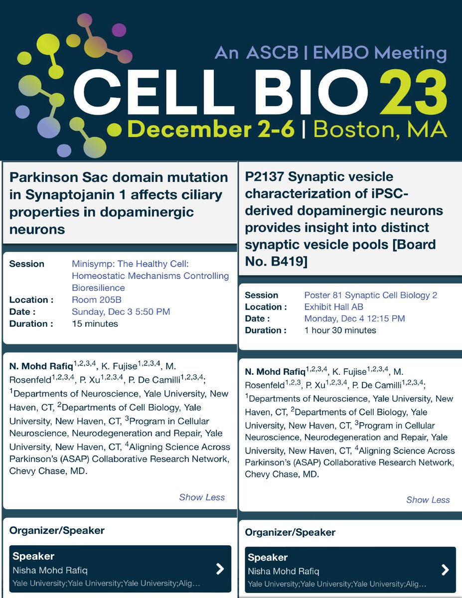 If you are interested in #cilia and #parkinsons OR #SVs and #parkinsons, come to my talk and poster (on two different topics)! #cellbio2023 #iamhiring