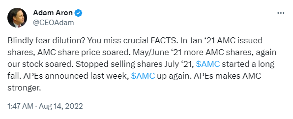 One year ago, $AMC CEO tried to calm his investors by telling them to not fear dilution.

The stock lost 95% of its value since <a href="/CEOAdam/">Adam Aron</a> posted this tweet.