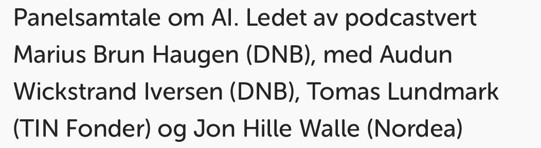 Panelsamtale om AI i et perspektiv innen aksjer investeringer, på Den store #aksjekvelden ! Interessante betraktninger,- og ingen tvil om at AI er her og er fremtiden. Hører at vi bruker AI til tekst og bilde ➡️Video i 2024! 
Med: <a href="/DNBMarkets/">DNB Carnegie</a>  <a href="/TINfonder/">TIN Fonder</a> og <a href="/NordeaNorge/">Nordea Norge</a>