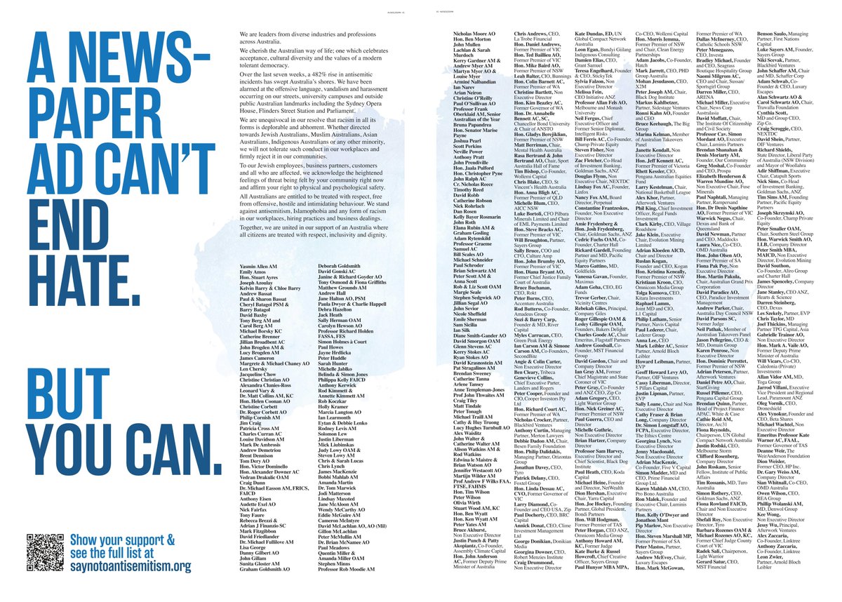 Wow. Over 600 Australian business leaders, political elders, academics, media chiefs, lawyers, and sport figures have signed an open letter calling for an end to the alarming rise of antisemitism. The double-page advertisement is in newspapers across Australia today. #auspol