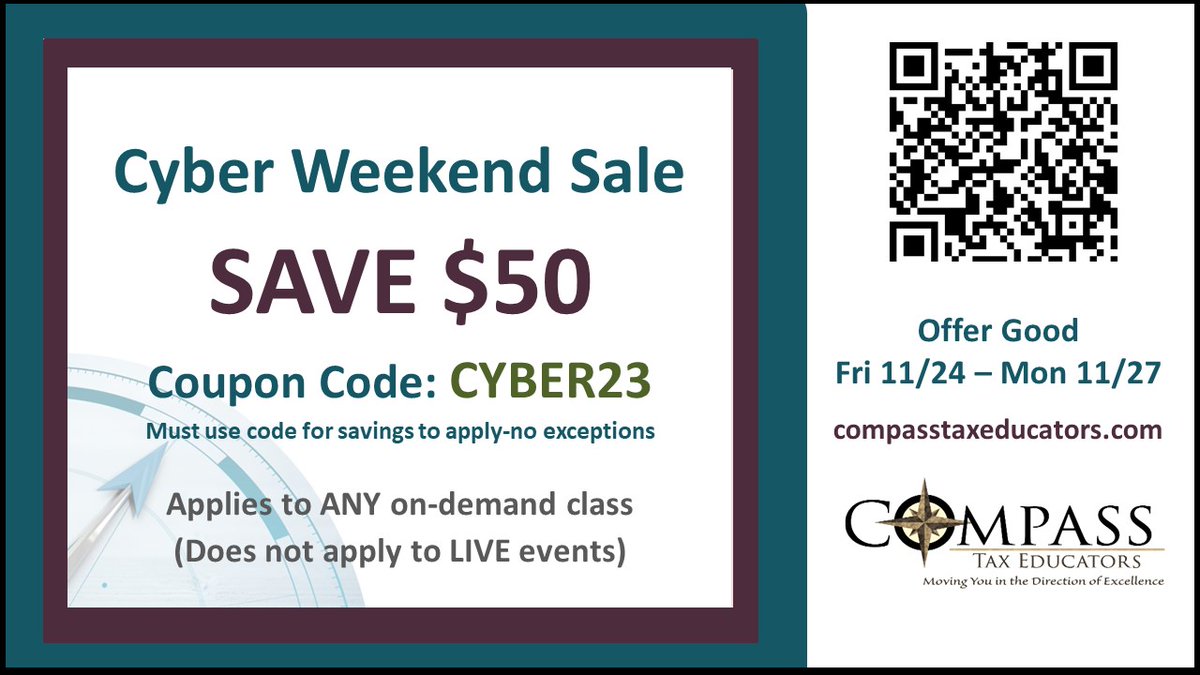 TODAY is the last day to save $50 with code CYBER23 <a href="/CompassTaxEd/">Compass Tax Educators</a> compass-tax-educators.thinkific.com/pages/on-demand