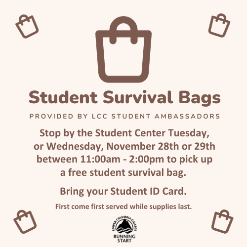 LCCRunningStart's tweet photo. Are you a current LCC student? Stop by the LCC Student Center on Tuesday or Wednesday this week with your student ID card between 11am-2pm to pick up a student survival bag.  #lowercolumbiacollege #lccrunningstart https://t.co/enfeF44RRs