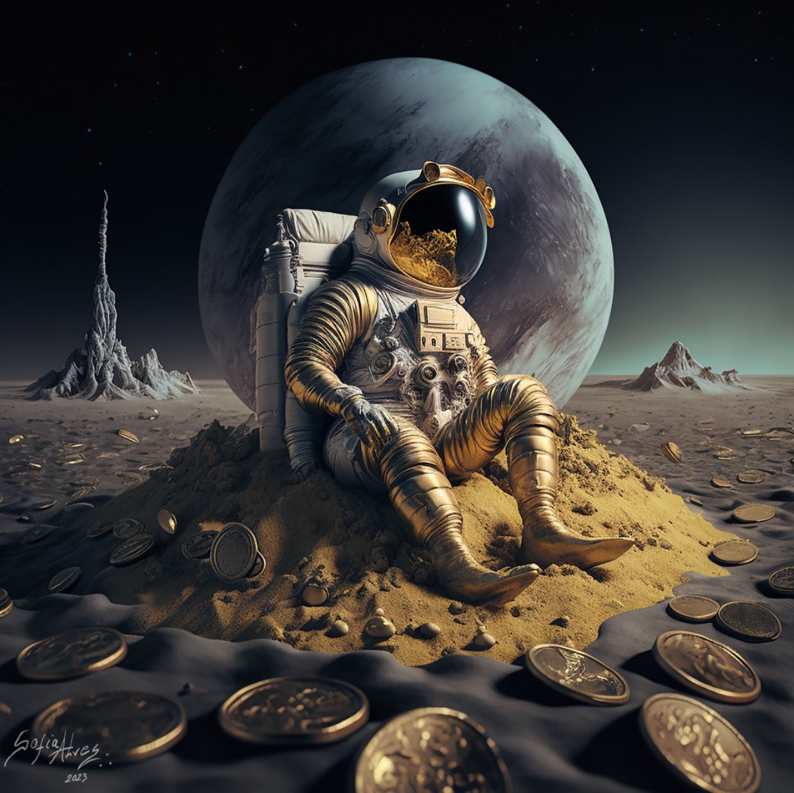 “#39 Cosmic Capital” <a href="/SolSeaNFT/">SolSea</a> The lunar sphere serves as a metaphor for reaching the pinnacle of monetary success, yet the astronaut, fueled by an unyielding ambition, eagerly awaiting the cosmic ascent of his fortune to new, uncharted heights. solsea.io/n/AxZUfU6n1JVQ…