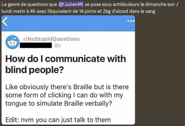 ITWorld_France's tweet photo. voici ce qui sa passe sur notre serveur discord, quand @romainmunier90 et moi-même (@JulienMl3) sommes sur dû  + de 10 heures d'affiler devant du code...

envie d'humour autour du dev ? ou besoins d'aide ?

Rejoignez-nous => https://t.co/wOOIOPlzWn https://t.co/49tXHUiuq6