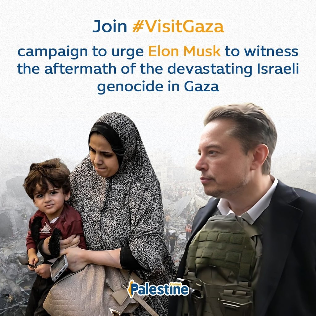 Haydi dostlar.
Sıra Gazze'de.

<a href="/elonmusk/">Elon Musk</a>'ı Gazze'deki İsrail yıkımını görmesi için #VisitGaza diyerek bu yıkımı görmeye davet edelim.
Bu etiketi ucuralım kardeşlerim.