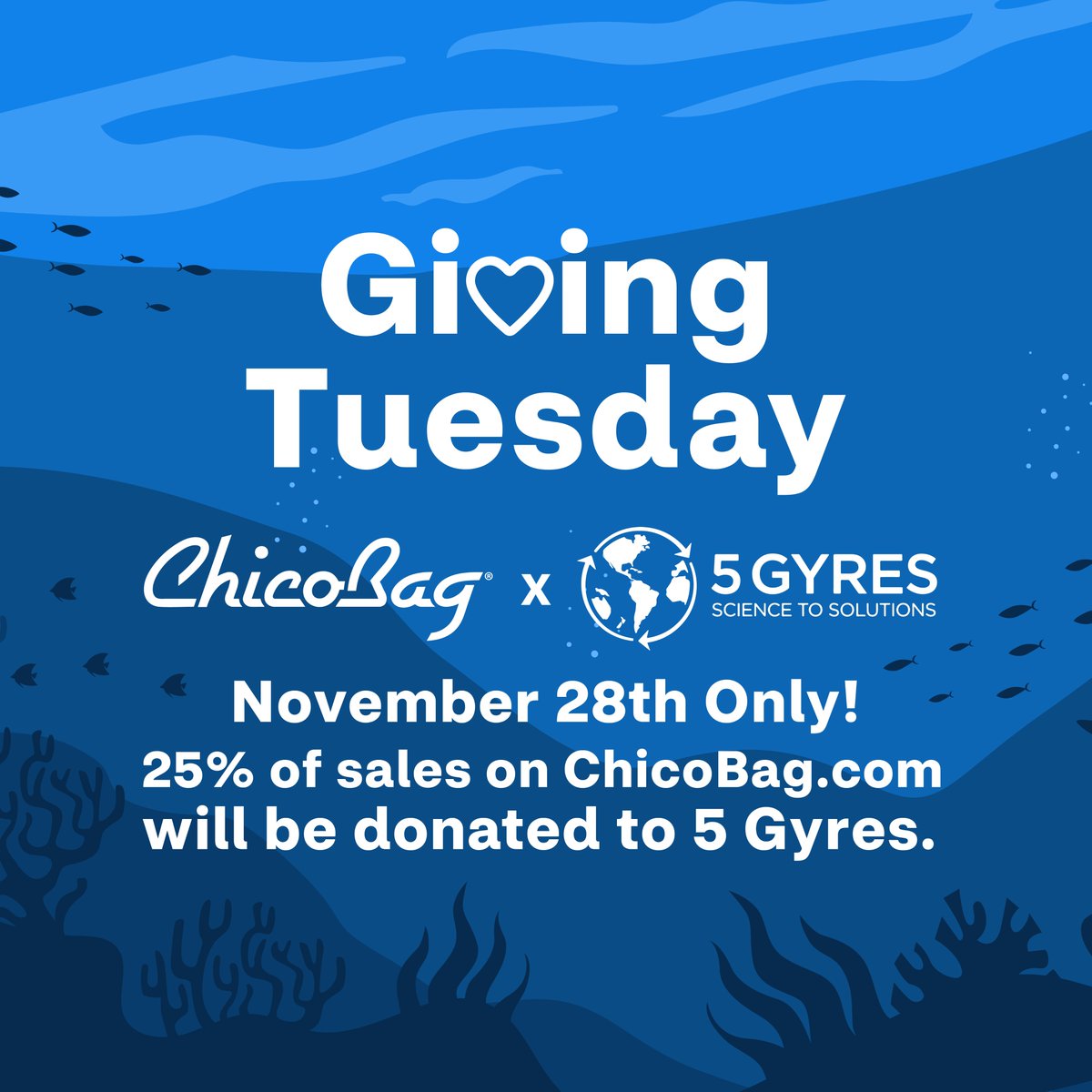 Get gifts + do good on Giving Tuesday!

We'll donate 25% of your purchase of our products today to 5 Gyres, a non-profit reducing ocean pollution.

Shop here: chicobag.com/shop

 #ToGoWare #GivingTuesday #ScienceToSolutions