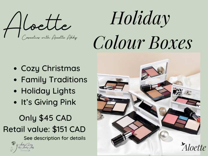 annette_addy's tweet photo. Holiday Colour Boxes available only until November 30, are a great holiday gift featuring Aloette clean beauty!  shop https://t.co/TUFOy6F5Zb  #aloette #aloetteinfluencer #cleanbeauty https://t.co/esxXXR2pl8