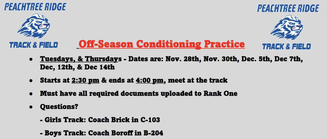TRACK &amp; Field CONDITIONING BEGINS TOMORROW!

MAKE SURE YOU HAVE EVERYTHING UPLOADED TO RANK ONE BEFORE YOU COME OUT FOR CONDITIONING!