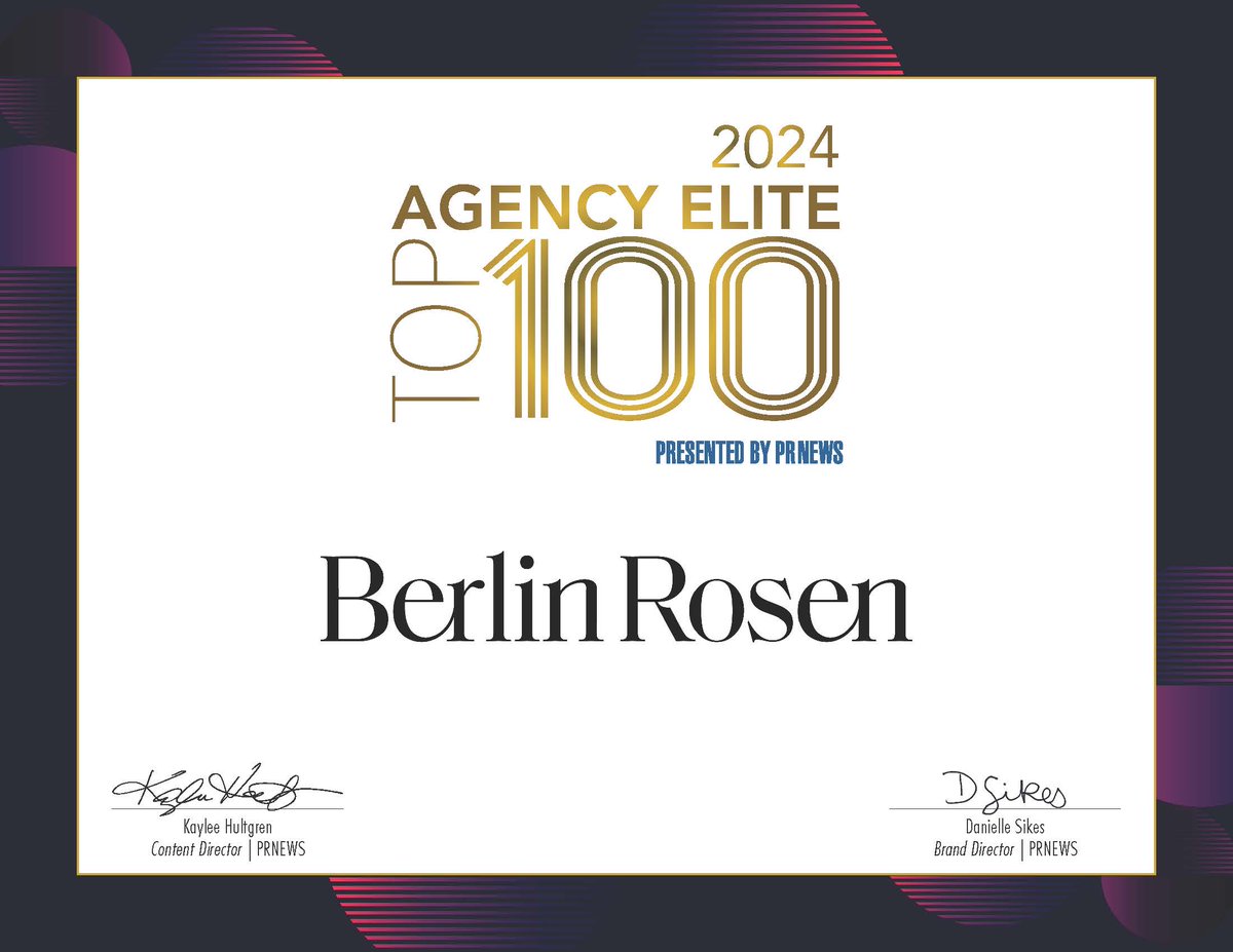 BerlinRosen's tweet photo. *drum roll* @PRNews' 2024 Agency Elite list is out... and we're on it! 🎉Thank you for this honor. It's especially exciting to receive it alongside our partner agencies #Derris, @InkhousePR and @GlenEchoGroup. https://t.co/cjuz8ILLpz