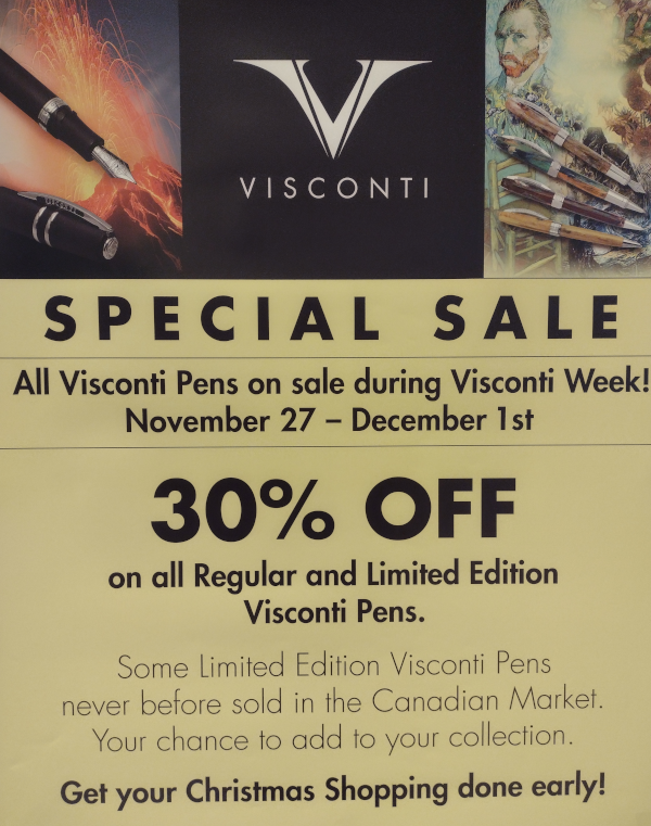 Andrew_HoFW's tweet photo. It's a Visconti Week Sale at House of Fine Writing in Toronto!
All Visconti pens in the store are 30% off for this Special Sale, from entry level to limited edition, a beautiful Italian pen awaits you...

#fountainpen #gift #sale #pen https://t.co/jiFQPxDctJ