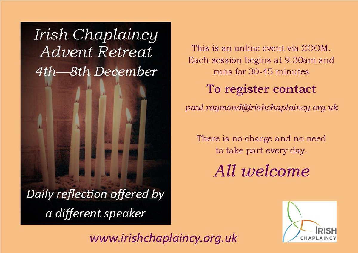 IrishSeniors's tweet photo. All our welcome to join our online Advent Retreat, 4-8 December. Reflection and music each day. @brfcharity @TTTBCharity @CaritasWestm @SVPEnglandWales @paxchristiEW @RCWestminster @RC_Southwark @Bishop_Dempsey @ICN_UK https://t.co/9jovZWRs7U