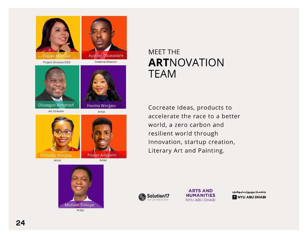 @Solution17Green @marinayprinces @BookFisayo @NYUAbuDhabi @DrSalisuDahiru @FMEnvng @NCCCNigeria @environewsng @HaomaWorgwu @IAmAyodejiOdare Meet the ArtNovation Team @FolukeMichael @HaomaWorgwu @marinayprinces @BookFisayo @IAmAyodejiOdare We look forward to a successful session at #COP28UAE next week @DrSalisuDahiru @NCCCNigeria @FMEnvng @Solution17Green @NYUAbuDhabi @jidesanwoolu