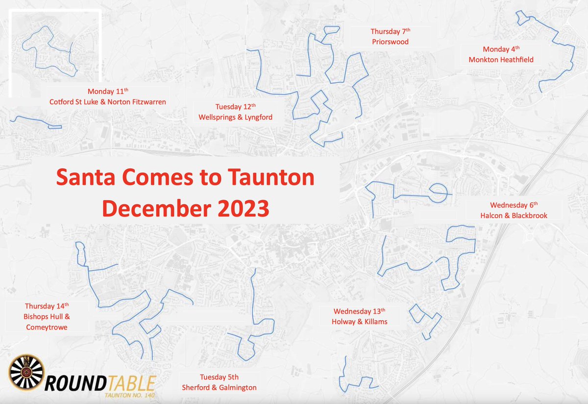 ‼️❄️ Just in from the North Pole ❄️‼️
Father Christmas and his merry band of elves are back to spread festive cheer around Taunton!

🧭 Routes and timings 🕰️
We will begin at 6pm each evening. Track our routes and movements each night here: santa.tauntonroundtable.org