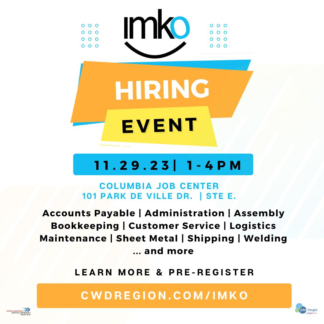 Are you on the hunt for a new job or career change? The Columbia Job Center is here to help you kickstart your journey with the IMKO Workforce Solutions hiring event on November 29 from 1-4 PM. Pre-register for the event at 👉 cwdregion.com/imko