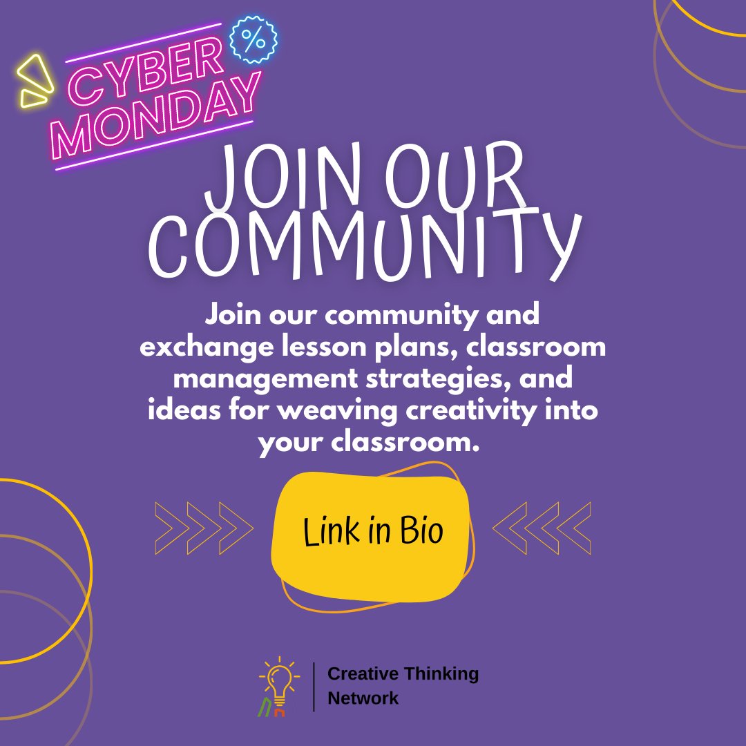 CtnEducators's tweet photo. #CyberMonday Alert! Give the gift of a Creative Thinking Network membership to a deserving teacher in your life, or treat yourself to a year of inspiration and resources. Don't miss this opportunity! 📌

Tag a fellow teacher who shouldn't miss out! Visit https://t.co/0IiiIwTXvb https://t.co/0IeUeTCAGr