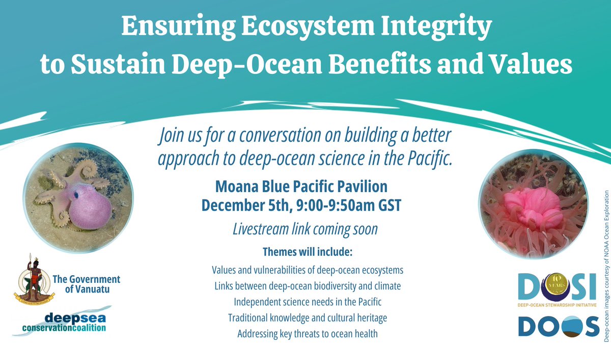 Don’t miss this #COP28 side event to discuss the links between the #DeepSea & #Climate, and solutions for building a better approach to #DeepSea science in the #Pacific. If you’re not in attendance, save this livestream link to watch: us02web.zoom.us/j/88093704759?… @DeepSeaConserve