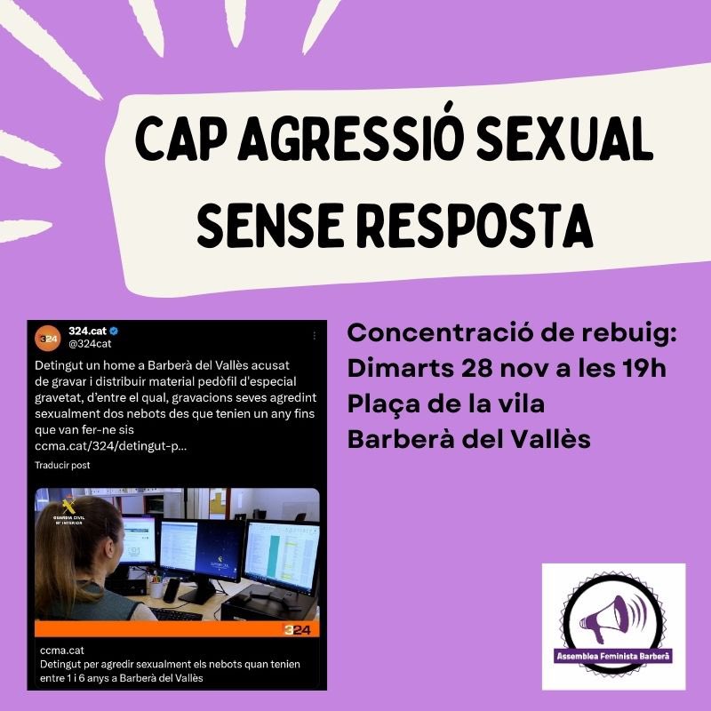 assembleafembdv's tweet image. CAP AGRESSIÓ SEXUAL SENSE RESPOSTA
Concentració de rebuig:
Demà dimarts 28 a les 19h
Plaça de la vila
Barberà del Vallès

#senseparaules
#barberadelvalles 
#assembleafeministabdv
#capagressiosenseresposta