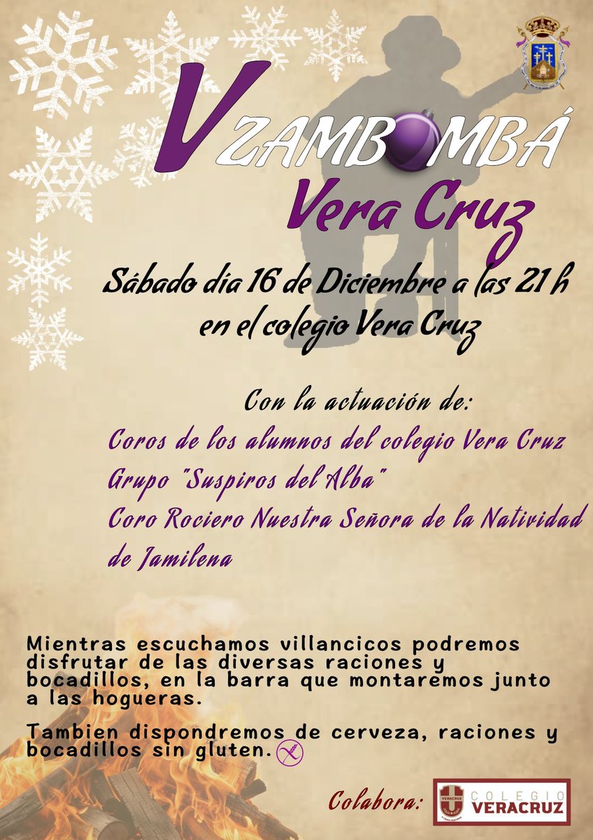 Un año más celebramos la ya tradicional  Zambombá Vera Cruz. Ven a celebrar la Navidad junto a las hogueras, en un gran ambiente, disfrutando de los villancicos con los que nos obsequiarán los distintos coros.
🗓️ 16 de Diciembre
🕙 A partir de las 21 h
🏠 En el Colegio Veracruz