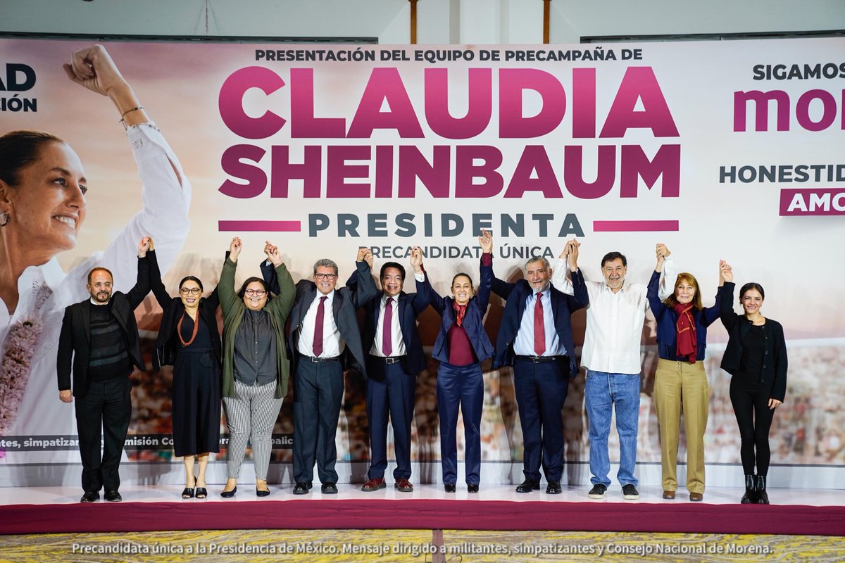 Claudiashein's tweet photo. Presentamos nuestro gran equipo de coordinación para la precampaña a la presidencia de la República, por la coalición de Morena, Partido del Trabajo y Partido Verde. ¡Juntas y juntos vamos en unidad por la transformación!

✅ Mario Delgado (@mario_delgado) - Coordinador de precampaña.
✅ Adan Augusto López (@adan_augusto) - Coordinador político.
✅ Ricardo Monreal Ávila (@RicardoMonrealA) - Coordinador de enlace territorial.
✅ Gerardo Fernández Noroña (@fernandeznorona) - Coorinador de enlace con organizaciones sociales y civiles.
✅ Jesús Valdés Peña (@_valdespjesus) - Coordinador de enlace con organizaciones internacionales y mexicanos en el exterior.
✅ Tatiana Clouthier (@tatclouthier) - Coordinadora de voceros.
✅ Citlalli Hernández (@CitlaHM) - Coordinadora de alianzas para coaliciones y candidaturas únicas. 
✅ Renata Turrent (@rturrent) - Coordinadora de enlace con sectores académicos. 
✅ Regina Orozco (@ReginaOrozco) - Coordinadora de enlace con la comunidad cultural.
✅ Esthela Damián (@esthela_damian) - Coordinadora de giras.