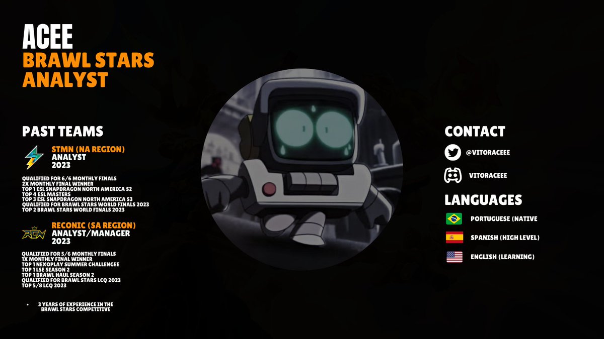 Hello!! I still have a contract with STMN but I am listening to proposals for 2024 as an Analyst or Manager.

I am available to work in any region
🥈Brawl Stars World Finals 2023
🏅4/5th ESL Masters Japan

Likes &amp; RT’s appreciated 💜