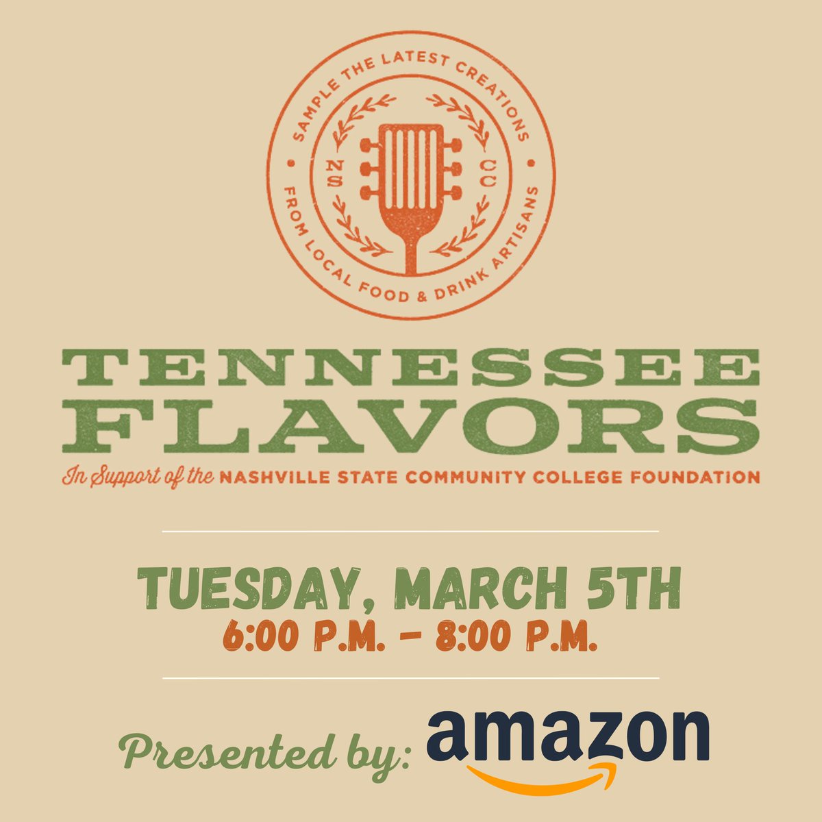 Thank you <a href="/amazon/">Amazon</a> for being Tennessee Flavor’s Presenting Sponsor!
 
Save the date –  Tuesday, March 5th
 
#TNFlavors #NSCCFoundation #NashvilleState #NashvilleEvents
