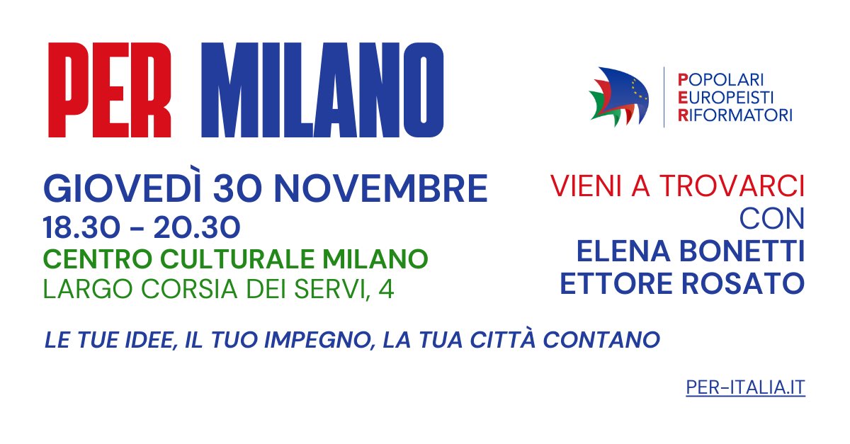 🗓️ Solo 4 giorni all’appuntamento #PERMilano

Saranno con noi <a href="/elenabonetti/">Elena Bonetti</a>, <a href="/Ettore_Rosato/">Ettore Rosato</a>, gli amici e le realtà del territorio. Sarà l’occasione per costruire insieme le nuove proposte per la Lombardia. 

Per iscriversi ➡️ eventbrite.it/e/biglietti-pe…