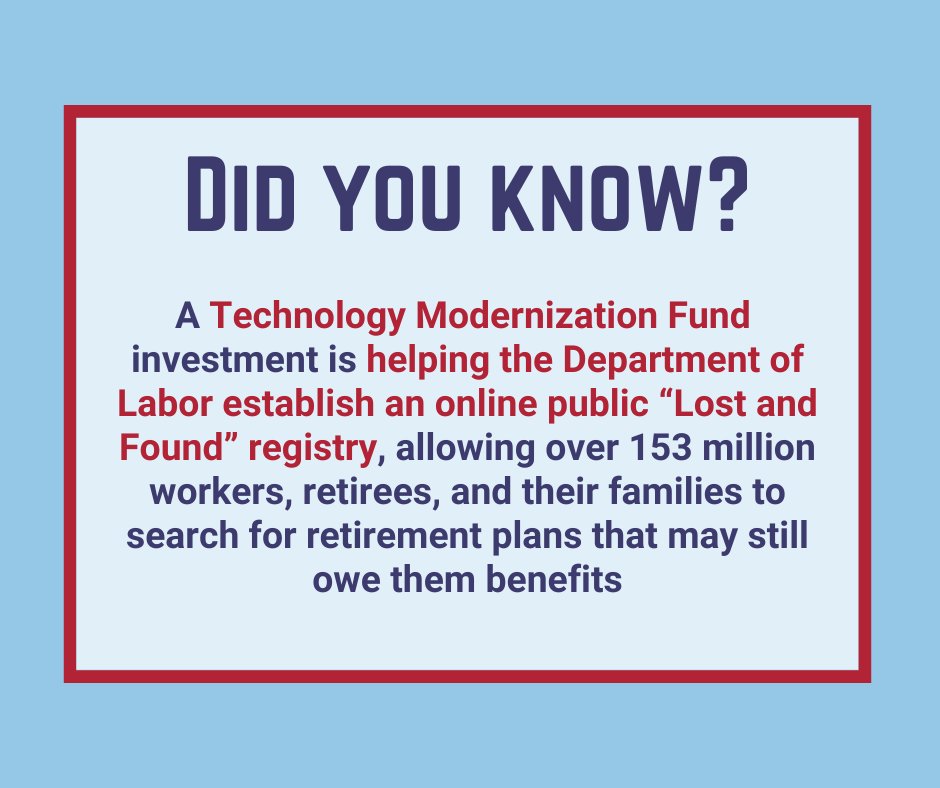 TMF_gsa's tweet photo. #TechnologyThursday Our investment in @USDOL will allow retirees to electronically find lost benefits! Learn more about our newest investment: https://t.co/oRzVEB6gup https://t.co/X77f8VQ3sl