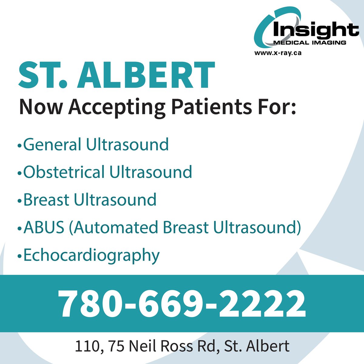 Our new St. Albert Clinic is accepting appointments for the following exams: General Ultrasound, Obstetrical Ultrasound, Breast Ultrasound, ABUS, Echocardiography

Our soft opening kicks off tomorrow, November 28, 2023, with more services to come in the following weeks.