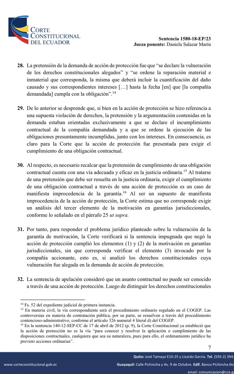 ACervantes_EC's tweet photo. Sentencia 1580-18-EP/23:

@CorteConstEcu ratifica que la acción de protección es improcedente para el reclamo de cumplimiento de obligaciones contractuales y que en este supuesto el juez no está obligado a pronunciarse sobre si existe o no una “real vulneración de derechos”. https://t.co/DWLch7PLbh