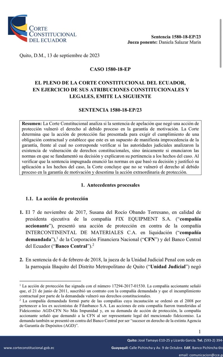 ACervantes_EC's tweet photo. Sentencia 1580-18-EP/23:

@CorteConstEcu ratifica que la acción de protección es improcedente para el reclamo de cumplimiento de obligaciones contractuales y que en este supuesto el juez no está obligado a pronunciarse sobre si existe o no una “real vulneración de derechos”. https://t.co/DWLch7PLbh