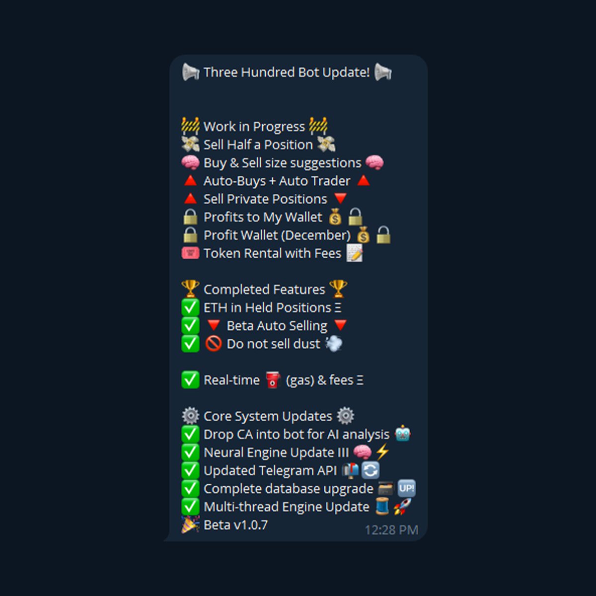 Here's the latest update on our AI trading bot.

We have the most sophisticated tech in the space.

Machine learning, deep learning, neural networks.

Nothing else compares to what we've built. 

Find out more: t.me/orderofhodl