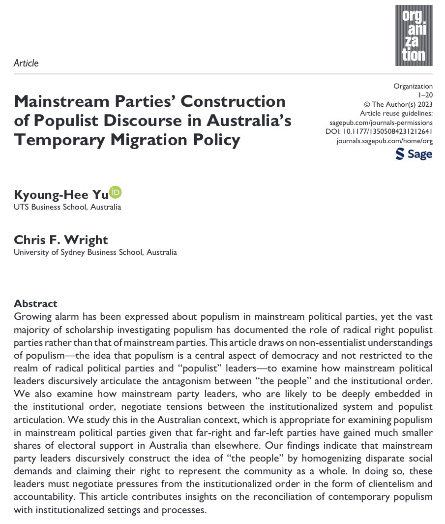Mainstream Parties’ Construction of Populist Discourse in Australia’s Temporary Migration Policy. New article with @KyoungheeYu in @orgjournal journals.sagepub.com/doi/10.1177/13…