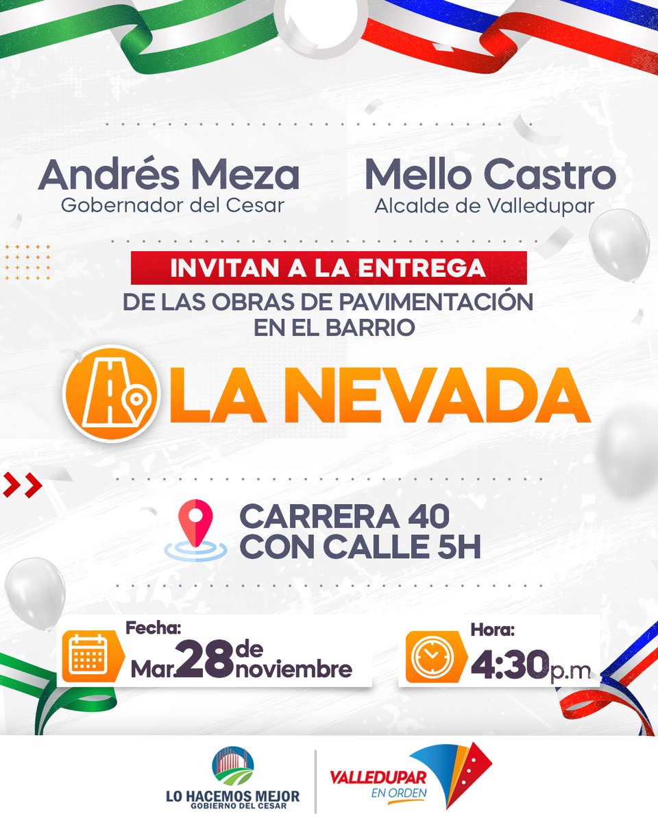 AlcaldiaVpar's tweet photo. El Gobierno de @MelloCastroG cumplió con el Plan de Infraestructura en Vías Urbanas, transformando y conectando distintos sectores de #Valledupar.🏘️

Acompáñanos este martes 28 de noviembre, a la entrega de las obras de pavimentación en La Nevada. https://t.co/xAVnyqZ7Nb