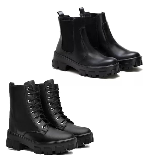 Kit 2 Botas Coturno Feminina Chelsea com Elástico na Lateral Tratorada Preto e Coturno de Cadarço Tratorada Preta.