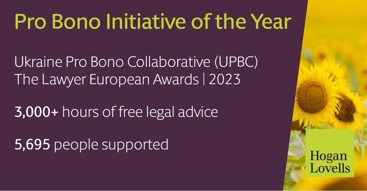 The UPBC has won “Pro Bono Initiative of the Year” at @TheLawyermag European Awards 2023. This is a joint pro bono project with law firms @AllenOvery, @TwoBirds, @Dentons, @HoganLovells, @NLawGlobal, & @WhiteCase, & the @ELIL_LegalAid. Learn more: hoganlovells.com/en/news/ukrain…