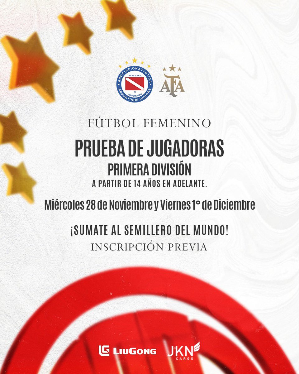 🚨📢 𝐏𝐑𝐔𝐄𝐁𝐀 𝐃𝐄 𝐉𝐔𝐆𝐀𝐃𝐎𝐑𝐀𝐒 - 𝐏𝐑𝐈𝐌𝐄𝐑𝐀 𝐃𝐈𝐕𝐈𝐒𝐈Ó𝐍⚽️🐞

¿Querés ser parte del #SemilleroDelMundo? ¡Llegó el momento!🙌🏻🇦🇹

📝 Inscribite y sumate a Las Bichas 
👉🏻 docs.google.com/forms/d/1yhsHU…

#AAAJ #FútbolFemenino #VamosBichas #Pruebas #AFA #PrimeraDivisión