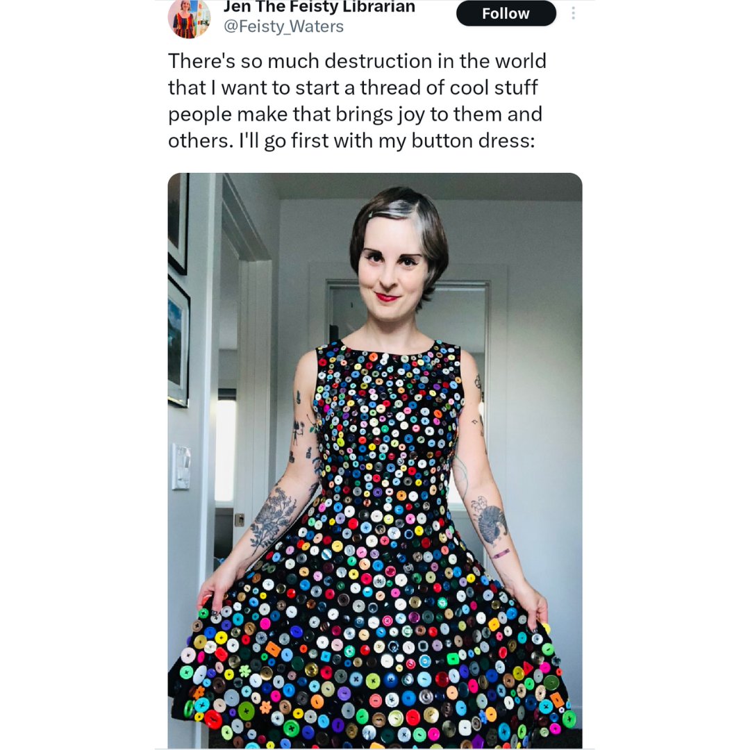 ProfPincushion's tweet photo. I came across the button dress and had to share! omg, all the buttons!!! Did anyone else ever experience fabric stores that had a big bin of loose buttons? I remember my mom taking me to such a place as a kid and I loved to plunge my hands in it and look for button treasures. https://t.co/bJNae3K8DY