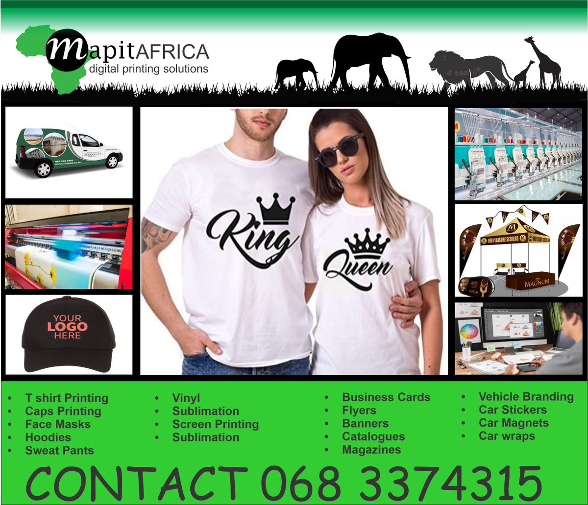 dumondex1's tweet photo. For all your 
-Graphic designing services
-High volume t shirt printing 
-Car branding
-Mug pressing 
-Embroidery 
Please get in contact with us. 
We do free delivery for bulk orders around Johannesburg https://t.co/OhpHaVOcny