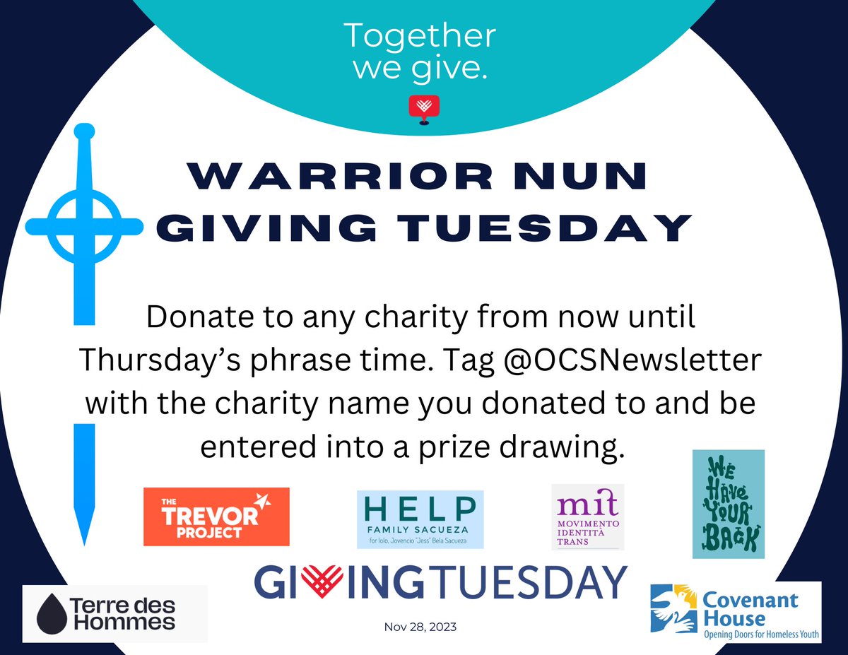 ❕NEW CONTEST❕
WARRIOR NUN GIVING TUESDAY contest. Donate to any charity and tag @ocsnewsletter with the charity name to be entered.  

"GivingTuesday reimagines a world built upon shared humanity and generosity."
givingtuesday.org

Let's #WarriorNun this challenge!