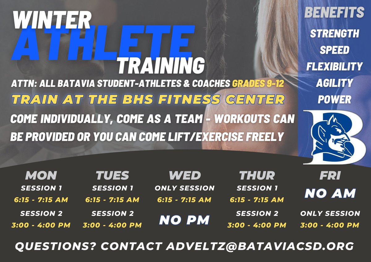 BCSD_BlueDevils's tweet photo. Winter Student Athlete Strength and Conditioning Opportunity!!!  See details within the image 💪💪💪 https://t.co/M9b9wMM6b2
