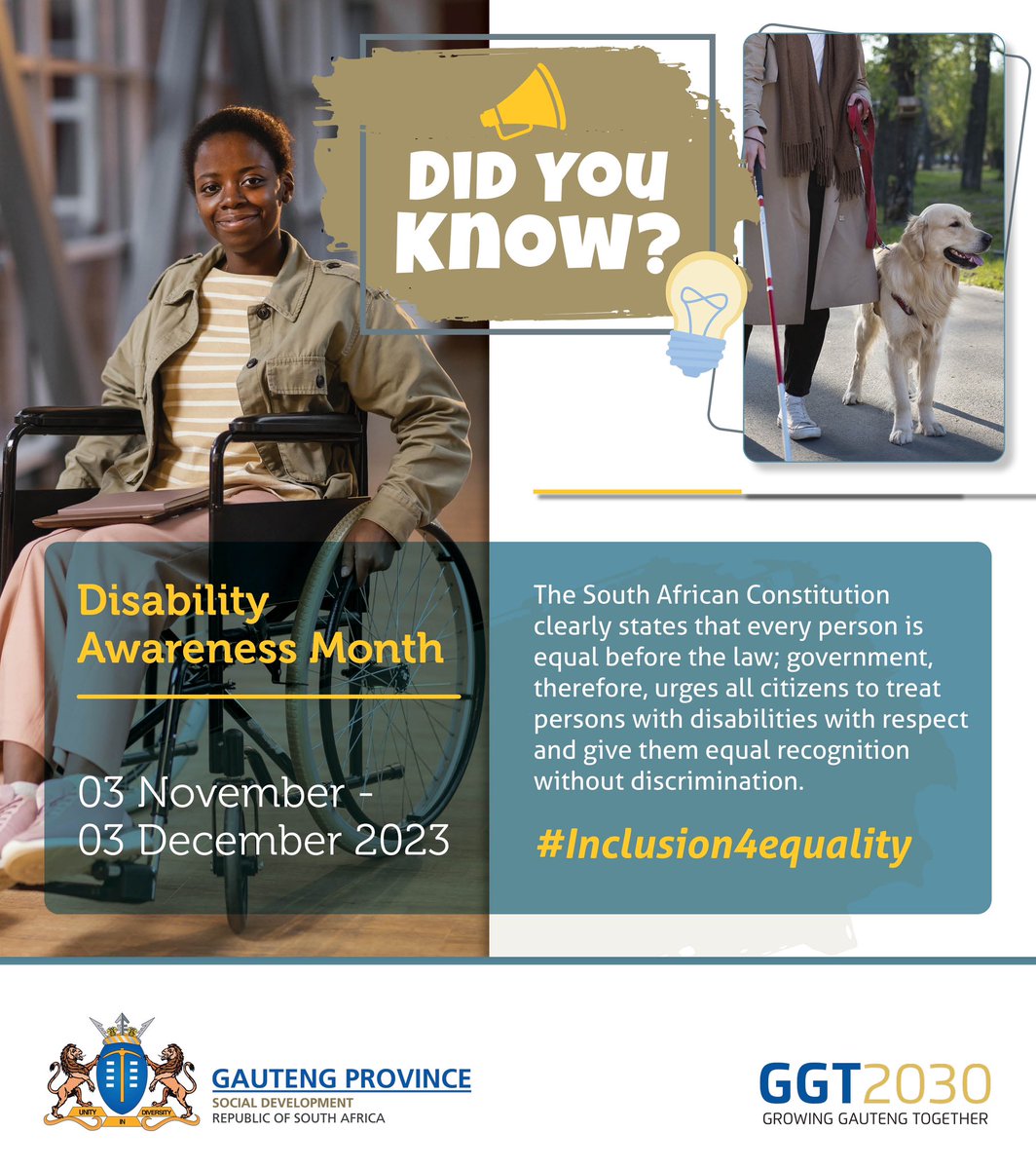 gpgSocDev's tweet photo. Continuing with Disability Rights Awareness Month(DRAM). The theme for this year is ‘ Consolidate and Accelerate Rights of Persons with Disability into the future.’ #Differentlyabled #GGT2030 #Inclusion4equality @MbaliHlopheSA https://t.co/VoewVZ5Wmm
