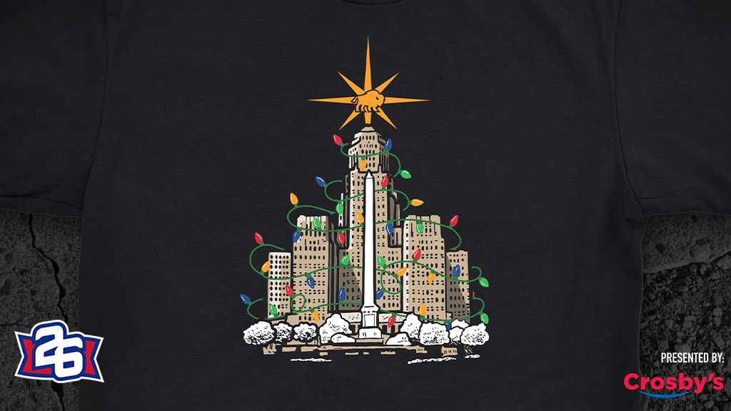 GONE after tomorrow! Order 'Deck the City Hall' now and do good for Drew Dickman! Come Monday, we’ll be on to a new design and a new beneficiary. Presented by @CrosbysStores: 26yw.co/deck-city-hall… #Buffalo