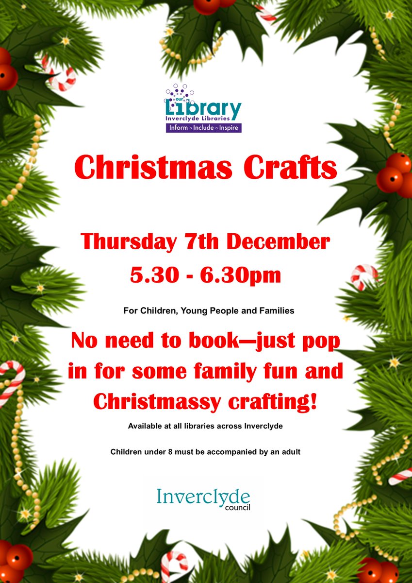 InverclydeLibs's tweet photo. The #LibraryElves have been getting lots of Christmas Crafts ready for our crafting session on Thursday 7th December 5.30-6.30pm.
Pop-in to any of our library branches to join in the festive fun. #ChristmasFunWithInverclydeLibraries
For children, young people & families.๐
๐๐จ๐ https://t.co/mloKf32dld