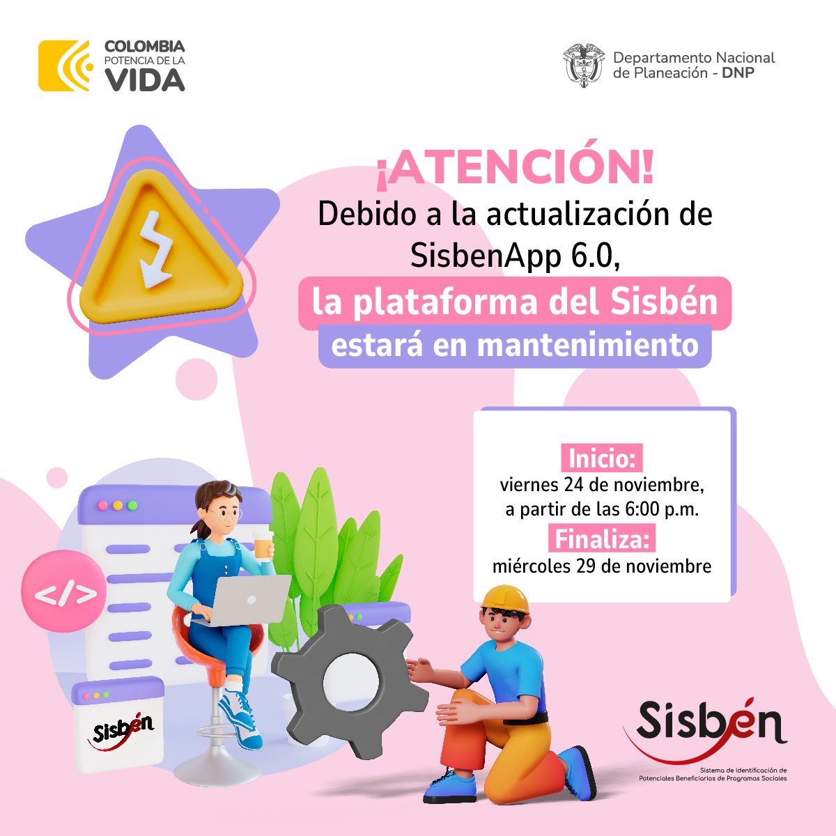 La Secretaría de de Desarrollo Social y la Coordinación del Sisbén, informan a la comunidad que debido a la actualización y mantenimiento de la plataforma del Sisbén IV, no se podrá realizar ninguna solicitud durante esta semana.
Agradecemos su comprensión
junin-cundinamarca.gov.co/noticias/atenc…