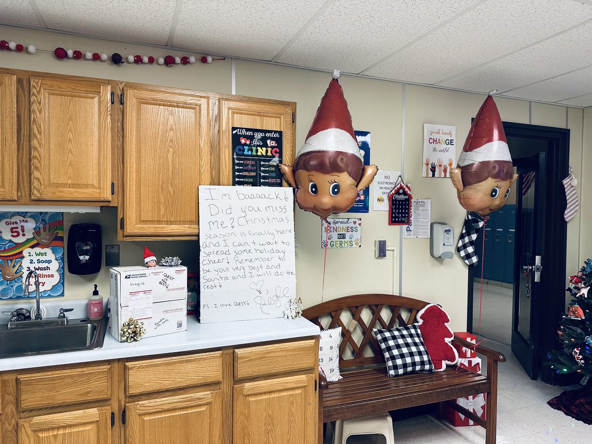 cbarberaRN's tweet photo. Jingle, the health elf is back!  Lots of smiles, excitement, and the magic of Christmas!  What will he do this season?  Stay tuned to find out!  @QuestElementary  @HiltonCSD   #jingle #magical #ElfOnTheShelf   #Christmas2023 https://t.co/RWC0LfnJm6