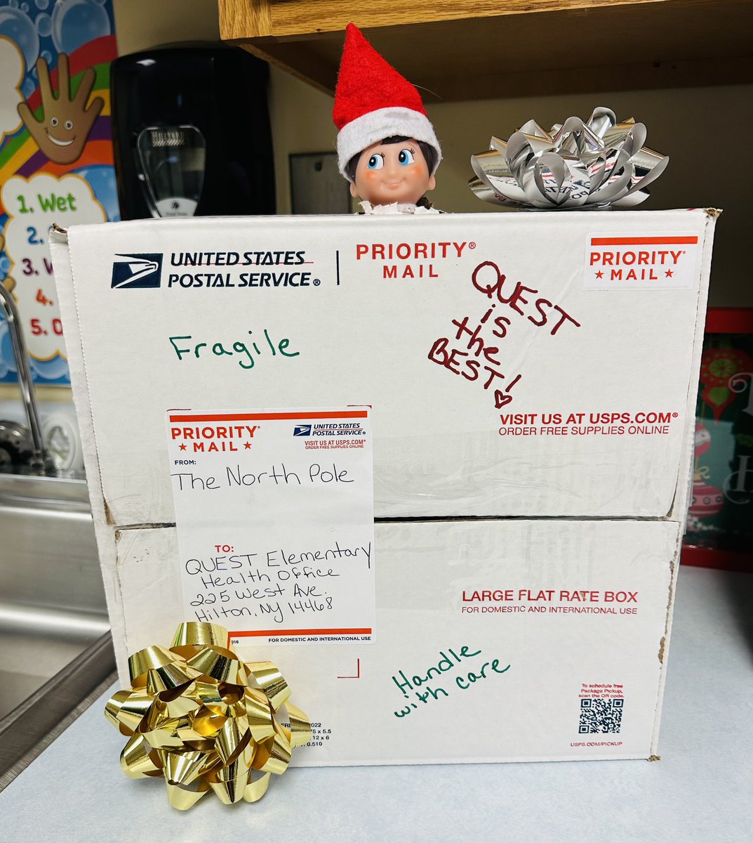 cbarberaRN's tweet photo. Jingle, the health elf is back!  Lots of smiles, excitement, and the magic of Christmas!  What will he do this season?  Stay tuned to find out!  @QuestElementary  @HiltonCSD   #jingle #magical #ElfOnTheShelf   #Christmas2023 https://t.co/RWC0LfnJm6