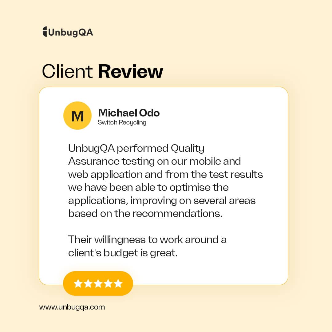 Unbugqa's tweet photo. Positive feedback from clients is always music to our ears. We are delighted to have delivered outstanding QA services for @switchrecycling.

Elevate your product quality with us! Visit https://t.co/Lou96P0eYU for a free software testing service today. 🚀 https://t.co/4sHsNInRfB