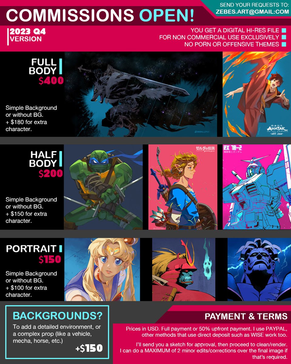 sebazebes's tweet image. 🎨COMMISSIONS OPEN🔊
⭕Refer to the image for price and commission type.
⭕Email me with your request (do not DM me, emails are better than chat!).
⭕If you have a special request (more complex scene, need an illustration for a product, etc) email me and we can discuss it.