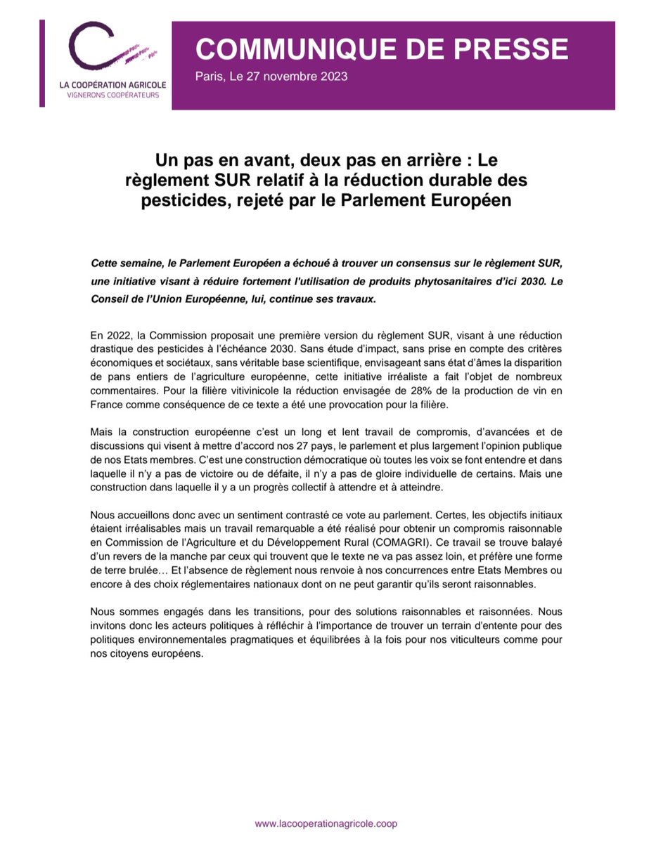 VigneronsCoop's tweet photo. 🍇🍷🇪🇺 🗣 Un pas en avant, deux pas en arrière : le règlement #SUR relatif à la réduction durable des #pesticides, rejeté par le Parlement 🇪🇺
VCF, engagés dans les transitions pour des solutions #raisonnables et #raisonnées.
Trouvez un terrain d'entente, et vite ! https://t.co/CaFDpAsuRc