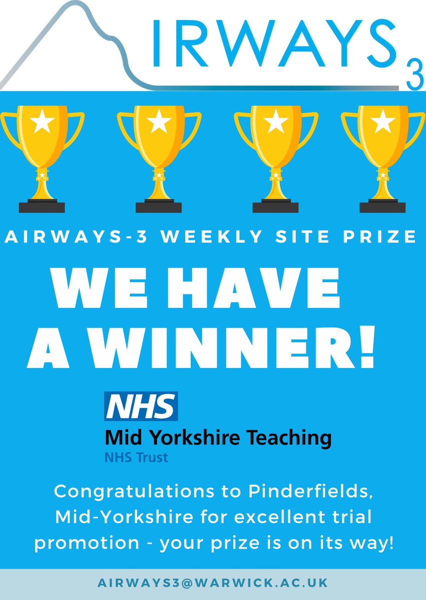 AIRWAYS-3 (@airways_3) on Twitter photo ๐ This weeks #AIRWAYS3 weekly site prize is awarded to Pinderfields Hospital their outstanding dedication in promoting the trial! ๐ <a href="/MYorksResearch/">Mid Yorks Research</a> <a href="/MidYorkshireNHS/">Mid Yorkshire Teaching NHS Trust</a> Your well-deserved prize should be with you soon!๐ ๐ This weeks #AIRWAYS3 weekly site prize is awarded to Pinderfields Hospital their outstanding dedication in promoting the trial! ๐ <a href="/MYorksResearch/">Mid Yorks Research</a> <a href="/MidYorkshireNHS/">Mid Yorkshire Teaching NHS Trust</a> Your well-deserved prize should be with you soon!๐